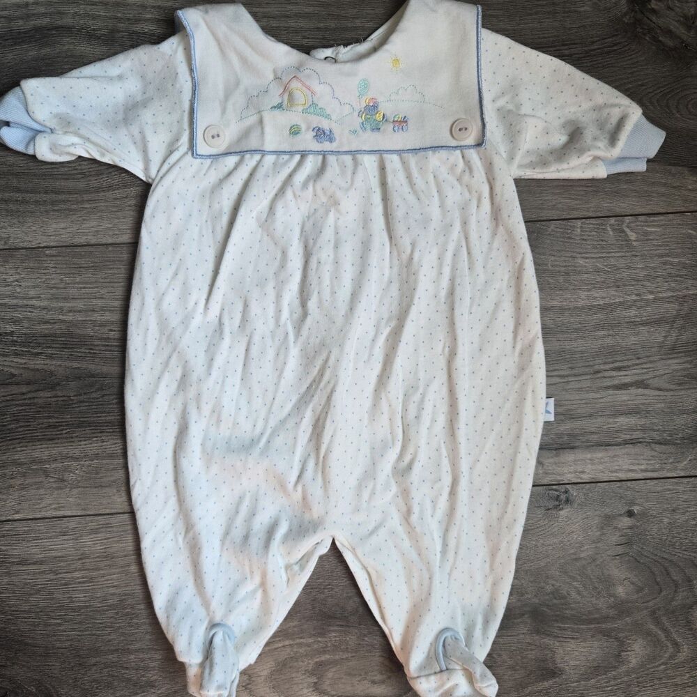 Vintage Little Me Baby Boy Footed Sleeper 3M White Blue Polka Dot Embroidered